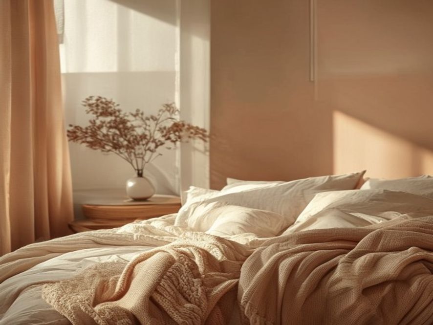 Sleep environment setup Soft-lit bedroom with warm blankets and minimal clutter