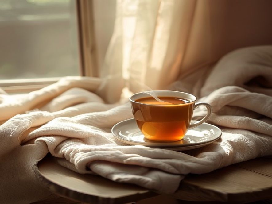 Restful evening ritual setup Evening tea and soft lighting in a calm bedroom space